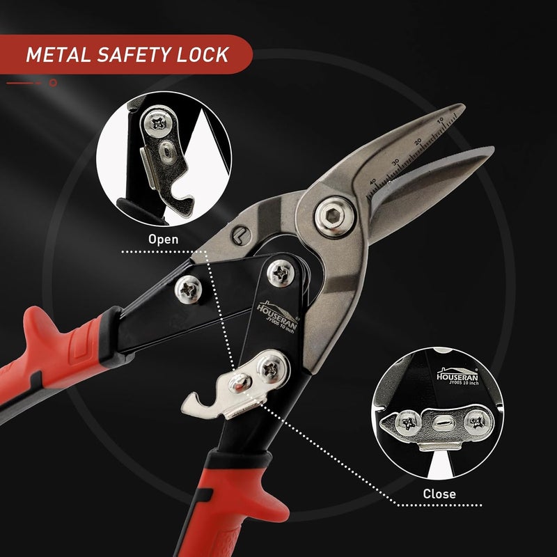 HOUSERAN 10 Inch Aviation Snips, Left Cut Offset Tin Snip, Heavy Duty CR-MO Tin Cutters with Double Lever, Scale Markings & Safety Lock, Sheet Metal Snips, Shears Scissors for Cutting Metal Sheet - Image 3